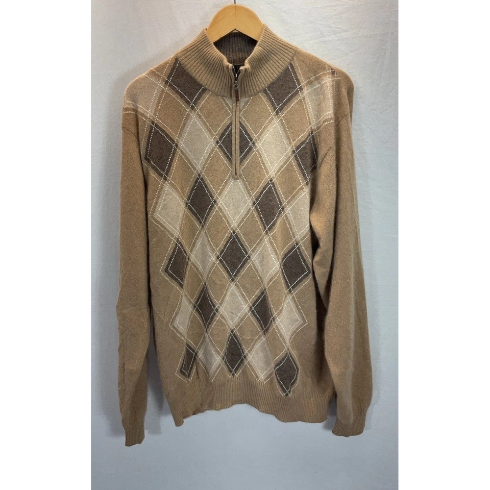 Forte Cashmere 1/4 Zip Cashmere Sweater Mens Sz XL TAN/ Brown Argyle